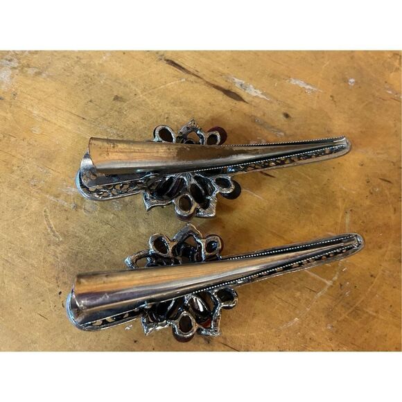 Large Vintage Rhinestone Studded Floral Alligator Hair Clips lot of 2 (8219)